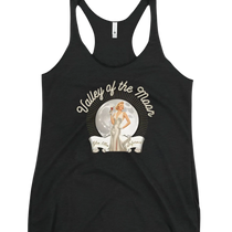 Sonoma Rebel black racerback tank top with a vintage pinup graphic of a woman in a white dress holding a wine glass, set against a moon and sunburst.