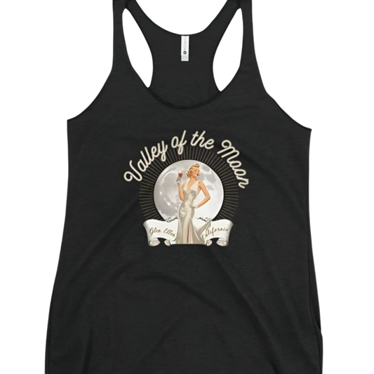 Sonoma Rebel black racerback tank top with a vintage pinup graphic of a woman in a white dress holding a wine glass, set against a moon and sunburst.