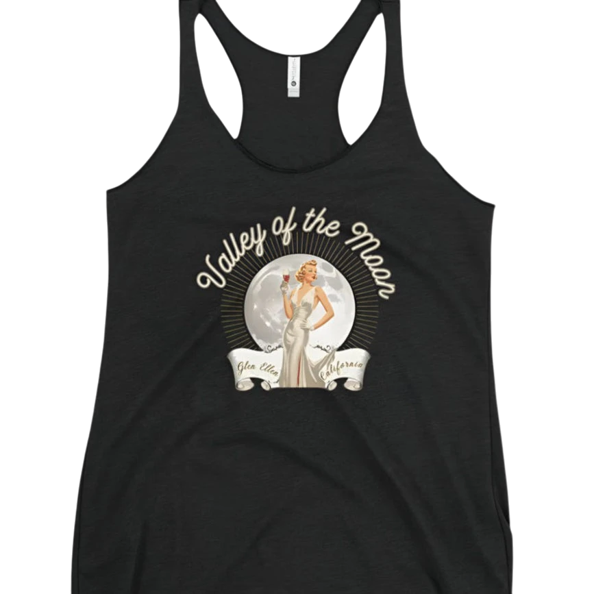 Sonoma Rebel black racerback tank top with a vintage pinup graphic of a woman in a white dress holding a wine glass, set against a moon and sunburst. Main image