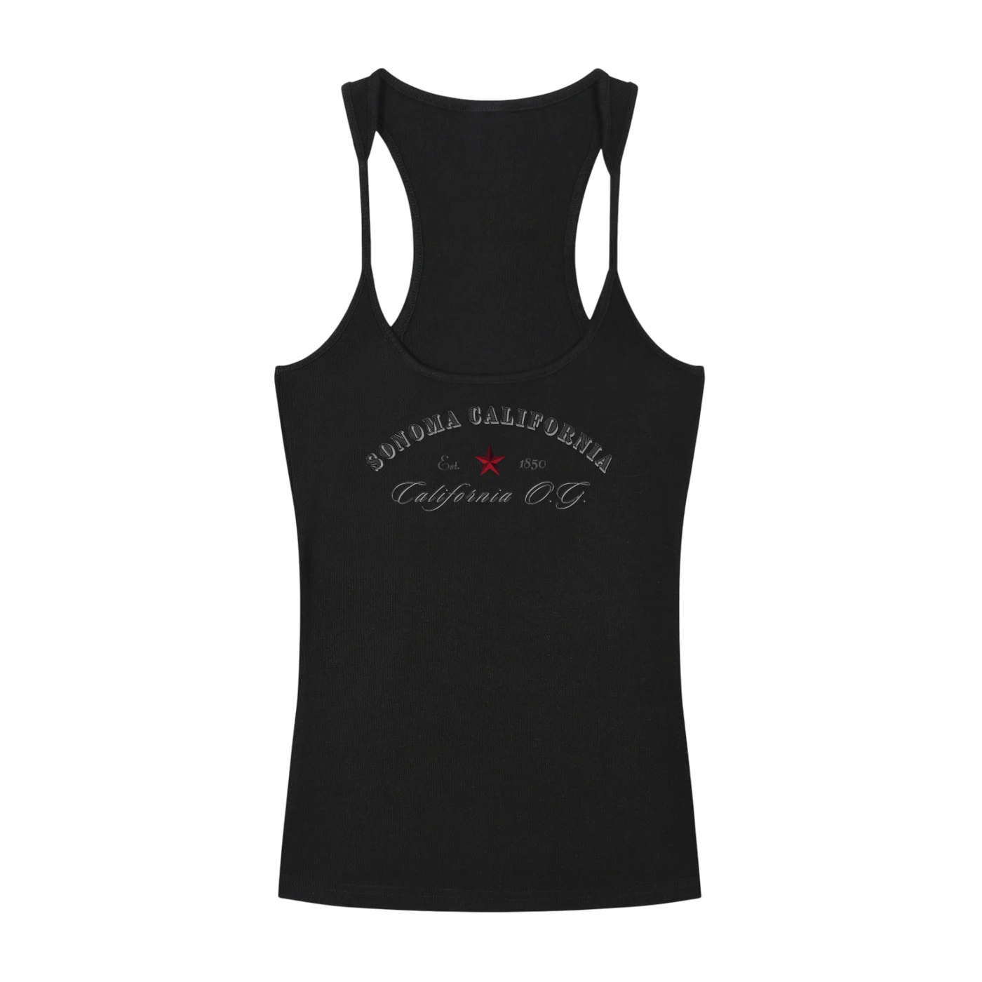 Sonoma Rebel black ribbed cotton-spandex racerback tank top with U-neck and California O.G. graphic.