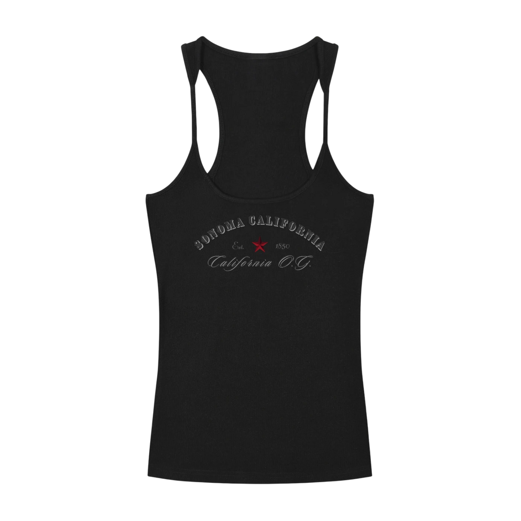 Sonoma Rebel black ribbed cotton-spandex racerback tank top with U-neck and California O.G. graphic.