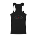 Sonoma Rebel black ribbed cotton-spandex racerback tank top with U-neck and California O.G. graphic.
