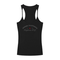 Sonoma Rebel black ribbed cotton-spandex racerback tank top with U-neck and California O.G. graphic.