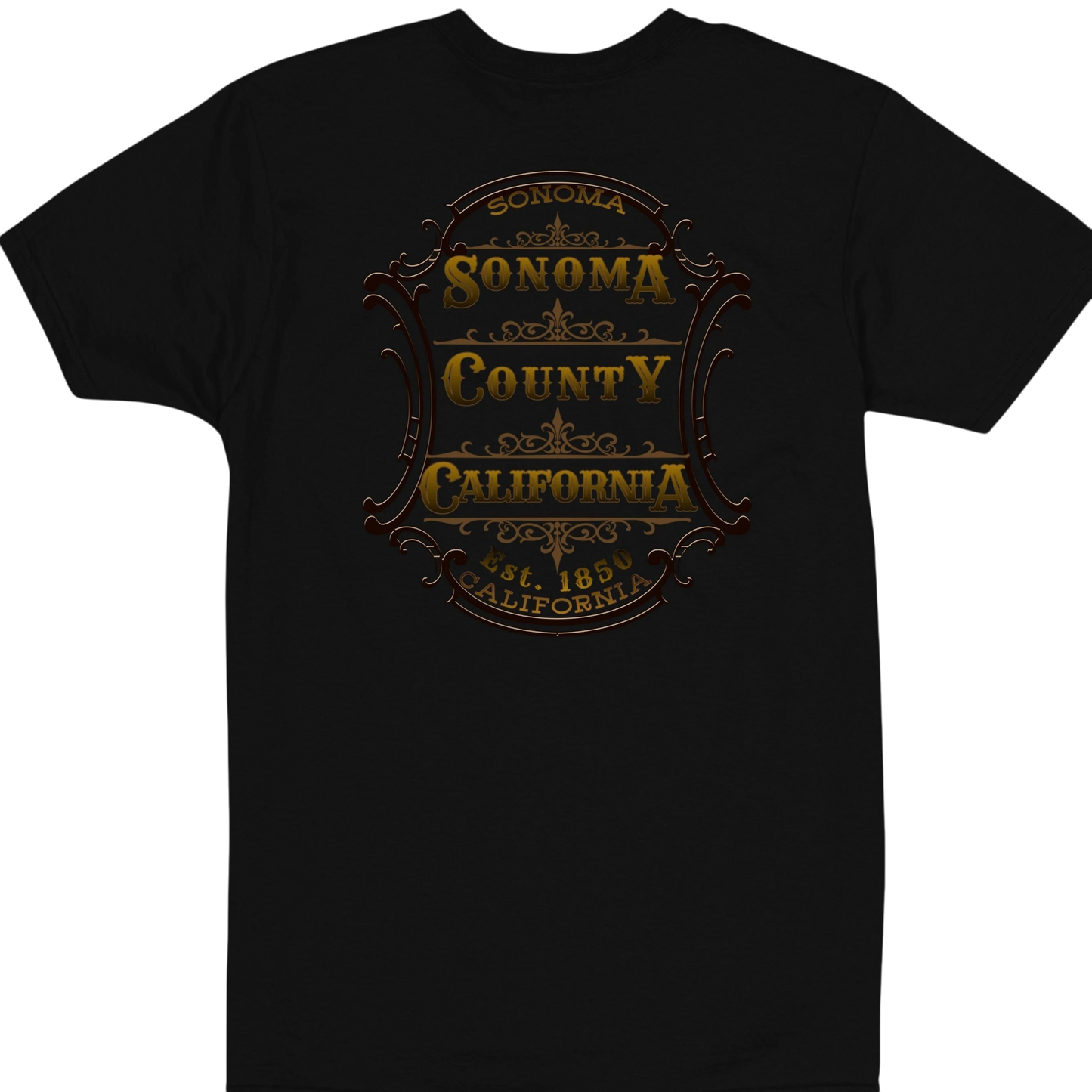 Sonoma Rebel black 100% cotton t-shirt with a vintage gold Sonoma County California emblem print.