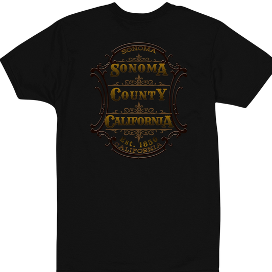 Sonoma Rebel black 100% cotton t-shirt with a vintage gold Sonoma County California emblem print.