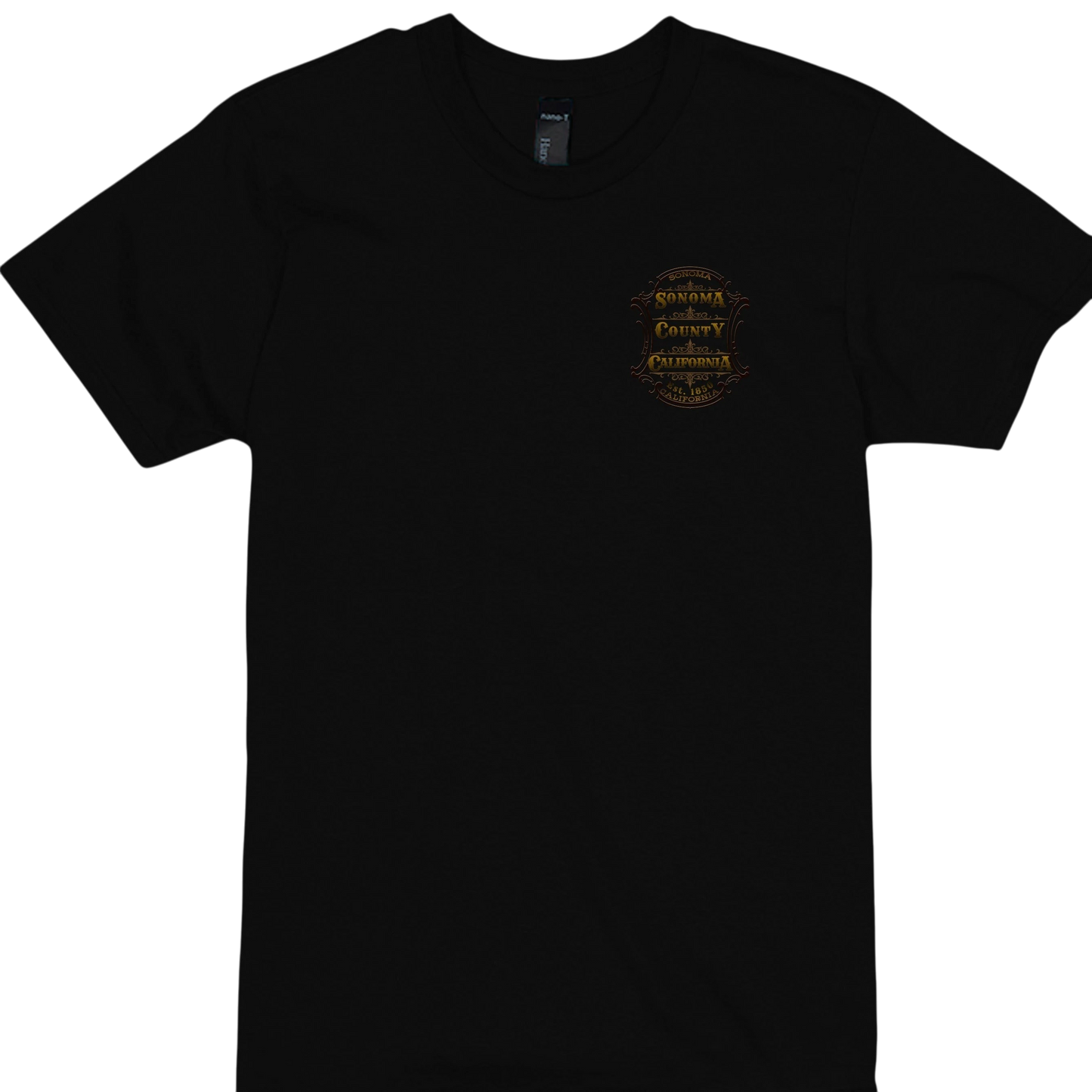 Sonoma Rebel black 100% cotton t-shirt with a gold Sonoma County California emblem on the chest.
