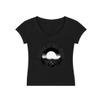 Sonoma Rebel black V-neck bodycon t-shirt with a graphic print of a full moon over a landscape and the text "Valley of the Moon".