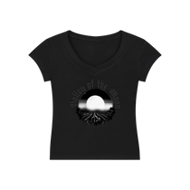 Sonoma Rebel black V-neck bodycon t-shirt with a graphic print of a full moon over a landscape and the text "Valley of the Moon".