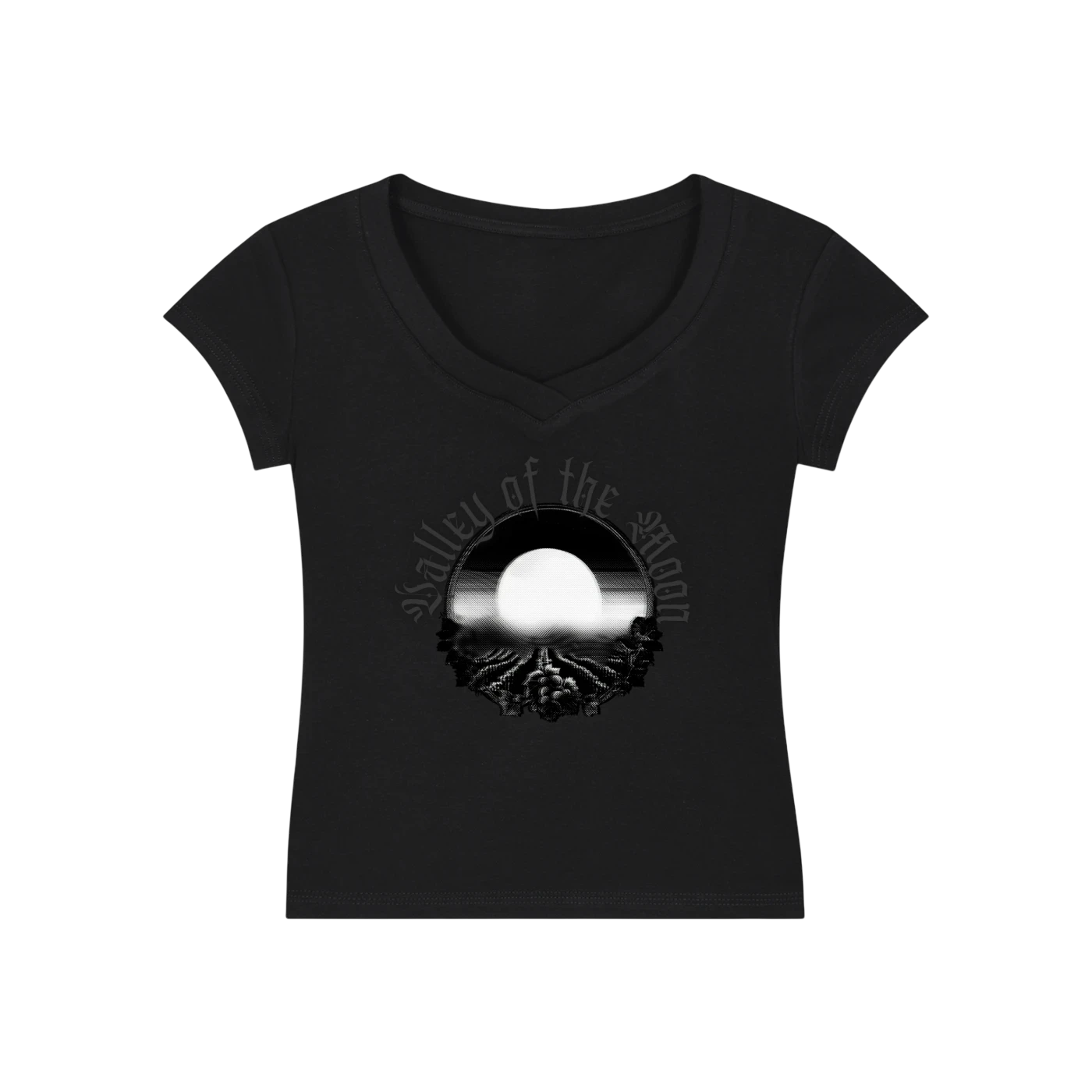 Sonoma Rebel black V-neck bodycon t-shirt with a graphic print of a full moon over a landscape and the text "Valley of the Moon".