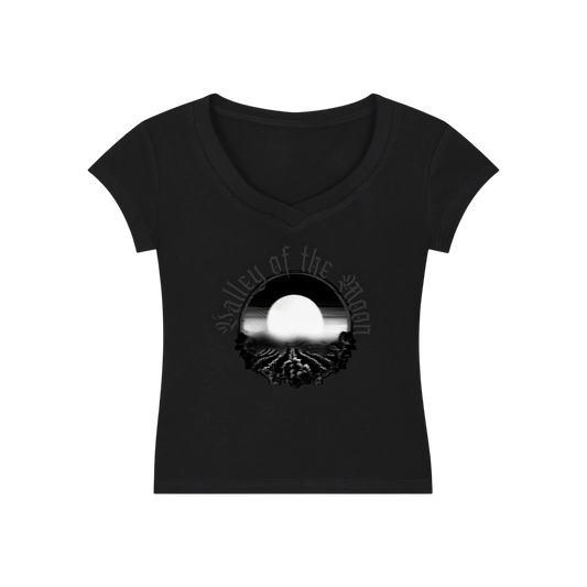 Sonoma Rebel black V-neck bodycon t-shirt with a graphic print of a full moon over a landscape and the text "Valley of the Moon".