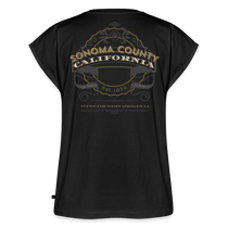Sonoma Rebel black cotton blend t-shirt with rolled sleeves and scoop neck, featuring a Wine Country Original California graphic.