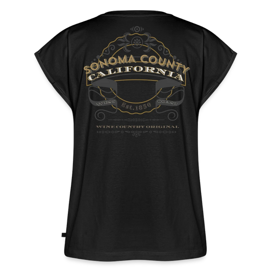 Sonoma Rebel black cotton blend t-shirt with rolled sleeves and scoop neck, featuring a Wine Country Original California graphic.