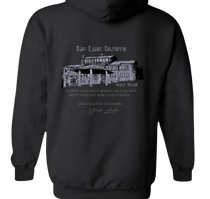 Sonoma Rebel black midweight fleece hoodie with a graphic print of Wolf House in Glen Ellen, California.