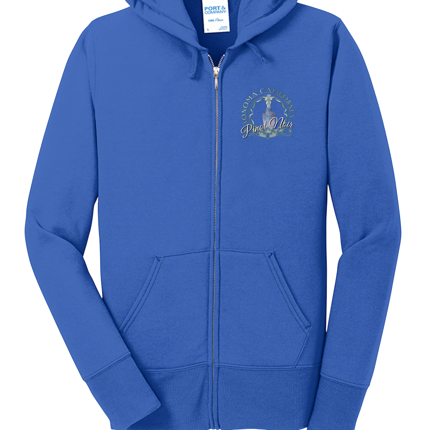 Sonoma Rebel blue cotton blend full-zip hooded sweatshirt with "Pinot Noir" graphic on chest.