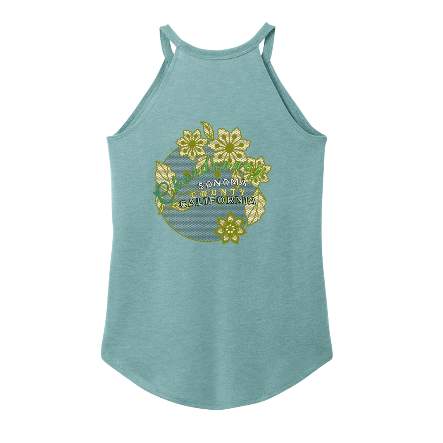 Sonoma Rebel blue-green tri-blend tank top with floral Sonoma County California graphic and curved hem.