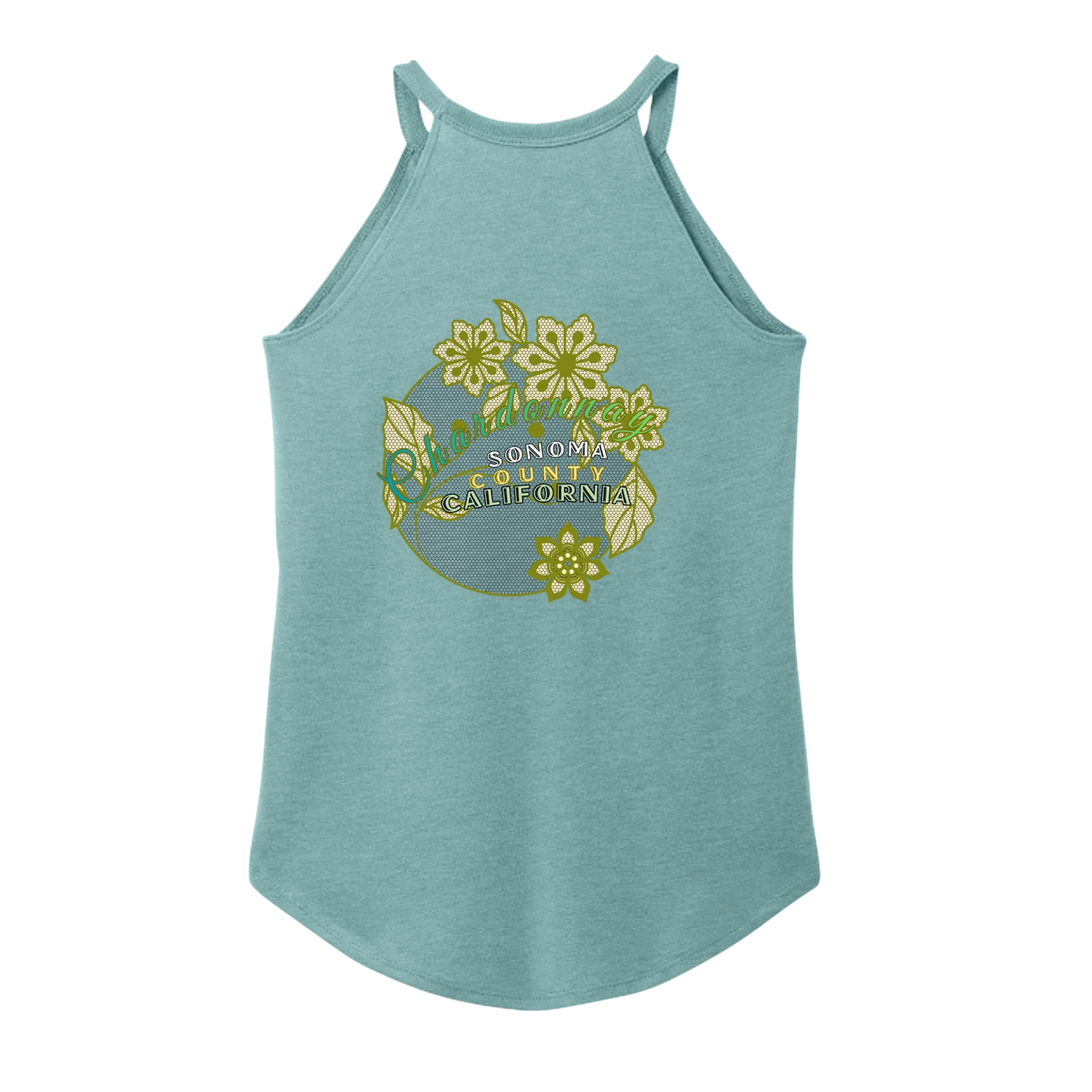 Sonoma Rebel blue-green tri-blend tank top with floral Sonoma County California graphic and curved hem.