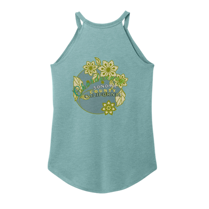 Sonoma Rebel blue-green tri-blend tank top with floral Sonoma County California graphic and curved hem.