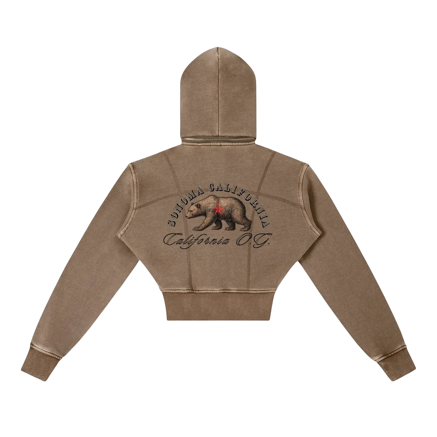 Sonoma Rebel brown vintage washed cropped fleece hoodie with California bear graphic and zipper front.