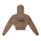 Sonoma Rebel brown vintage washed cropped fleece hoodie with California bear graphic and zipper front.