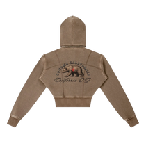 Sonoma Rebel brown vintage washed cropped fleece hoodie with California bear graphic and zipper front.