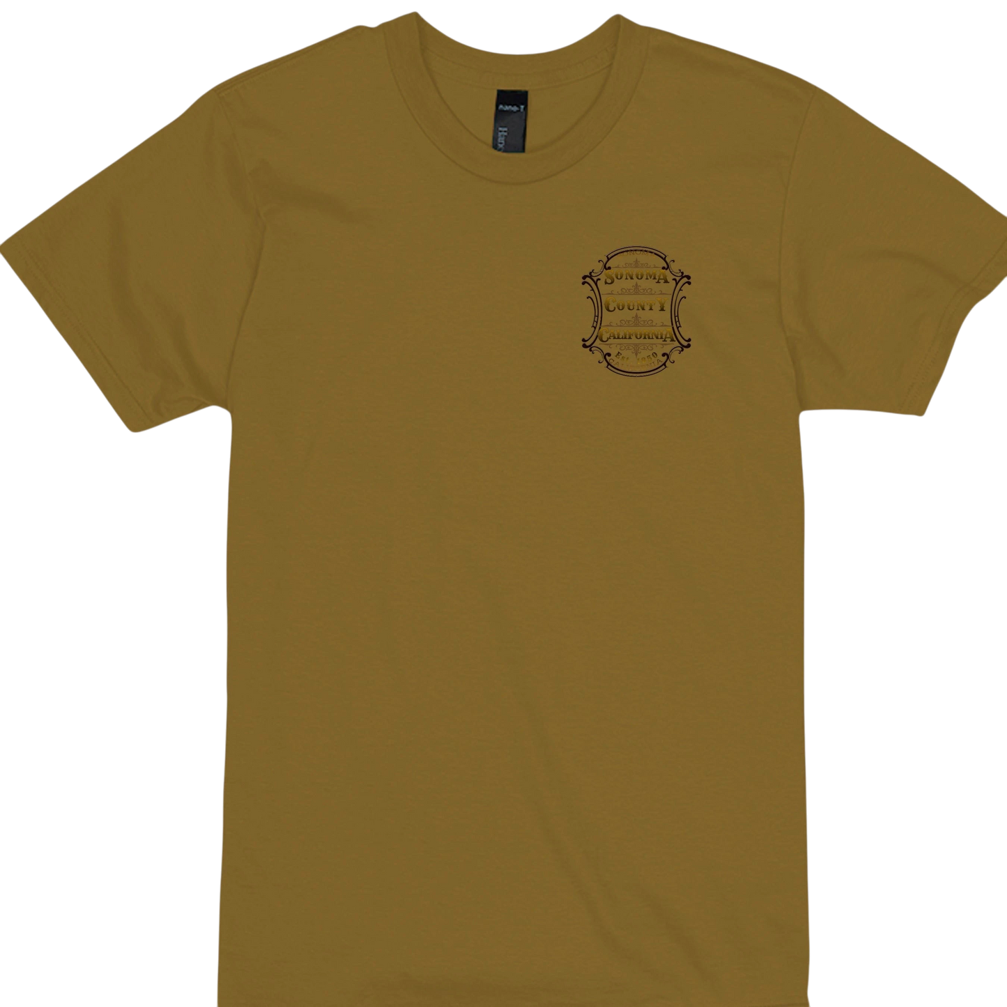 Sonoma Rebel brown 100% cotton t-shirt with a small Sonoma County California emblem on the left chest.