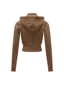 Sonoma Rebel brown vintage washed cropped fleece hoodie with a zipper front and patchwork accents.