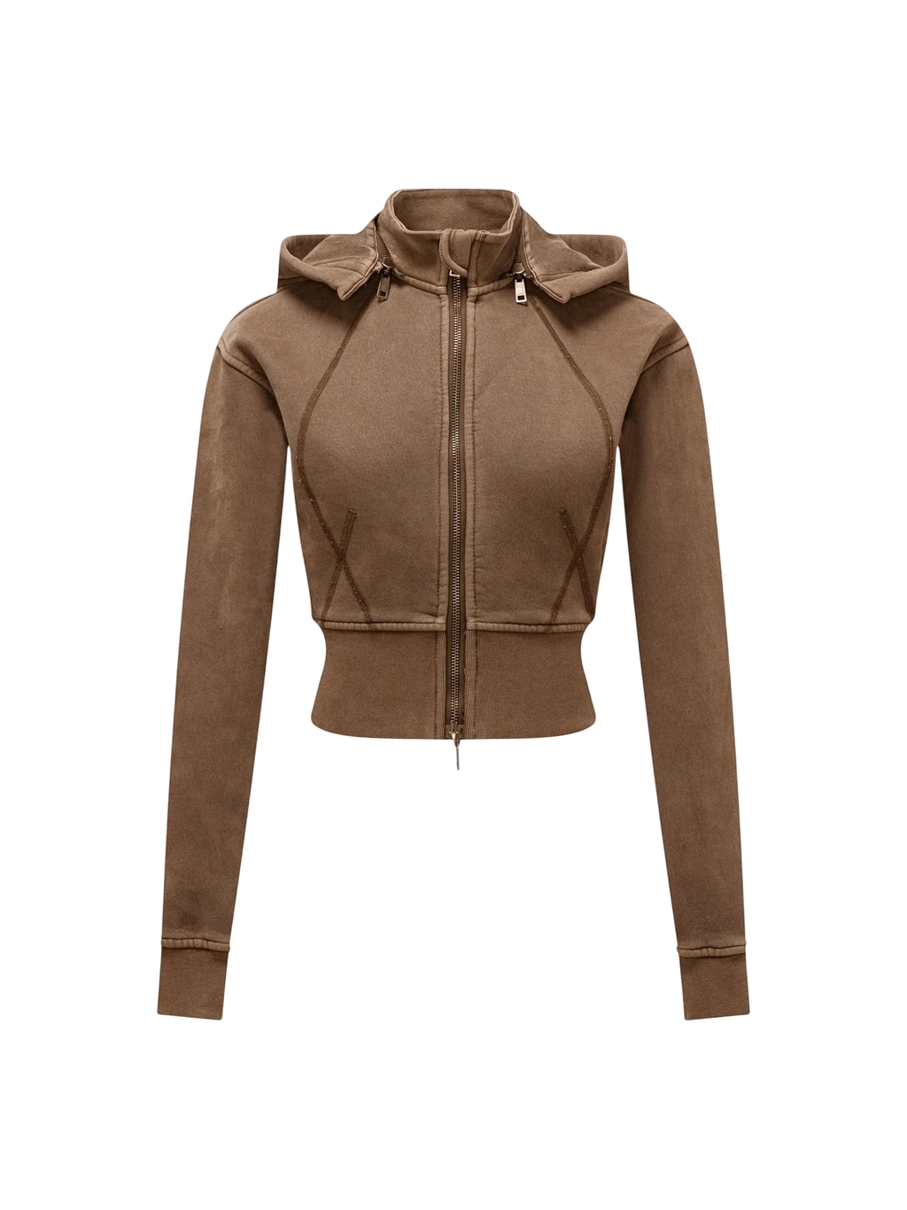 Sonoma Rebel brown vintage washed cropped fleece hoodie with zipper, hood, and patchwork accents.