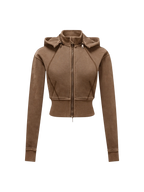 Sonoma Rebel brown vintage washed cropped fleece hoodie with zipper, hood, and patchwork accents.