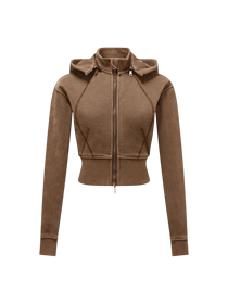 Sonoma Rebel brown vintage washed cropped fleece hoodie with zipper, hood, and patchwork accents.