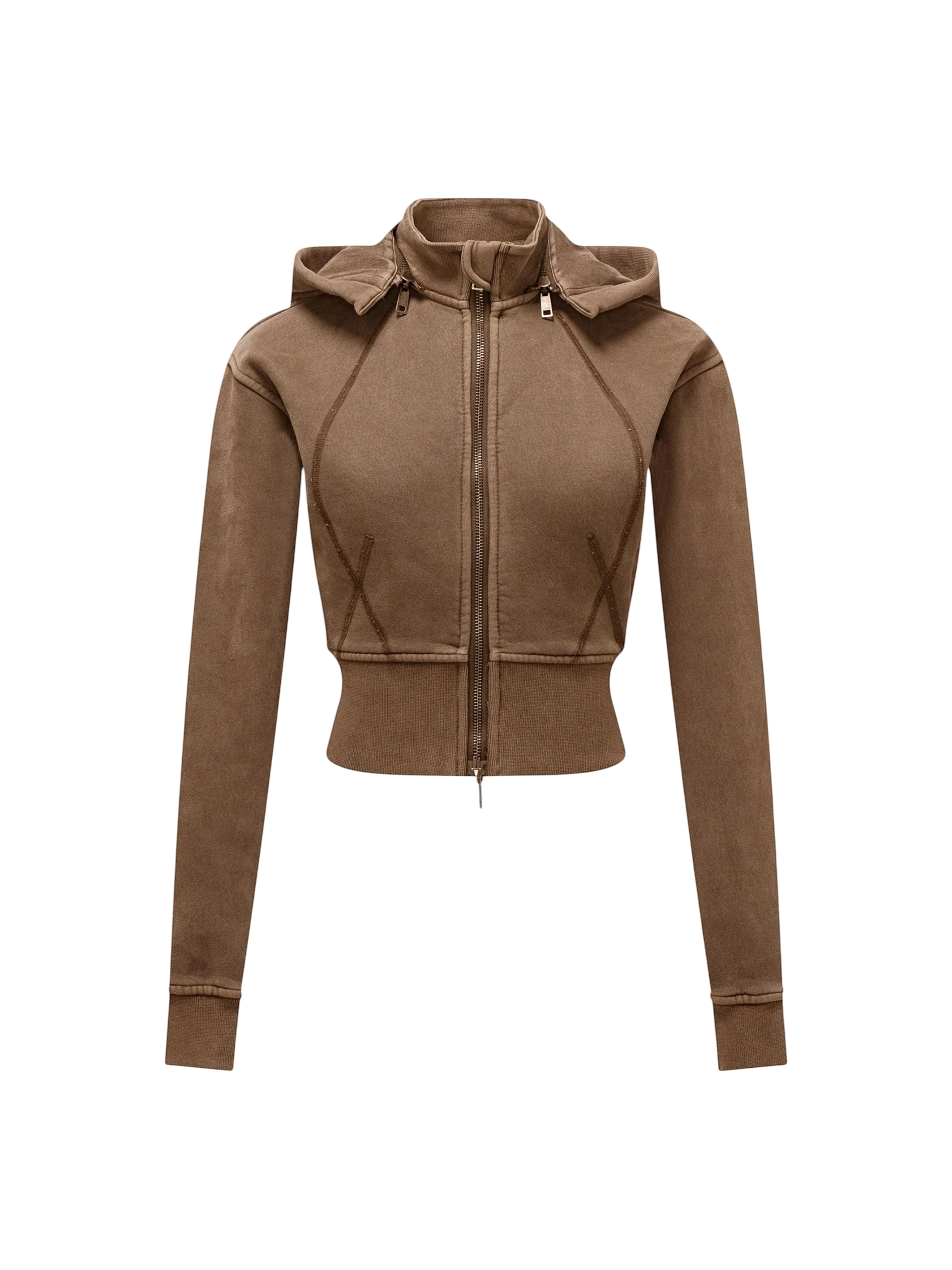 Sonoma Rebel brown vintage washed cropped fleece hoodie with zipper, hood, and patchwork accents.