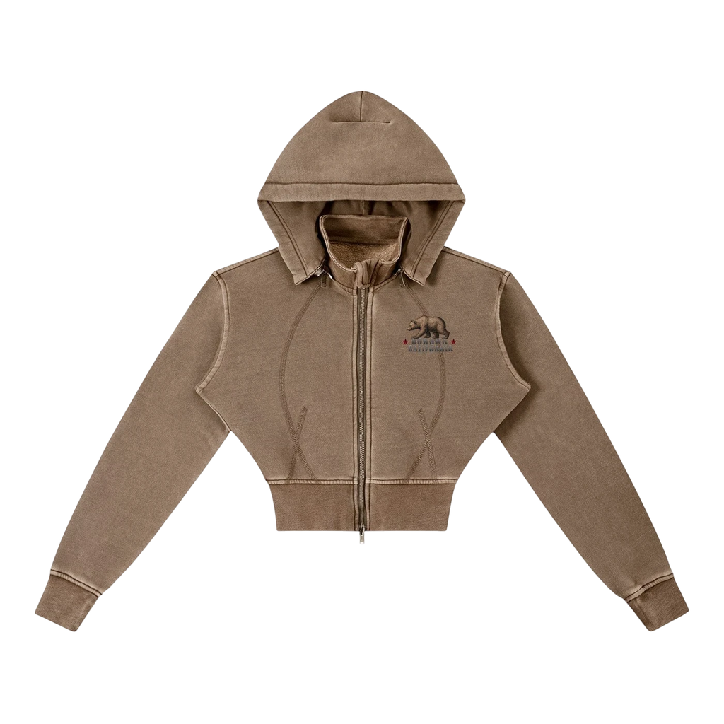 Sonoma Rebel brown vintage washed cropped fleece hoodie with zipper, hood, and bear graphic. Cotton-blend.