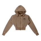 Sonoma Rebel brown vintage washed cropped fleece hoodie with zipper, hood, and bear graphic. Cotton-blend.