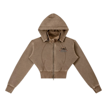 Sonoma Rebel brown vintage washed cropped fleece hoodie with zipper, hood, and bear graphic. Cotton-blend.
