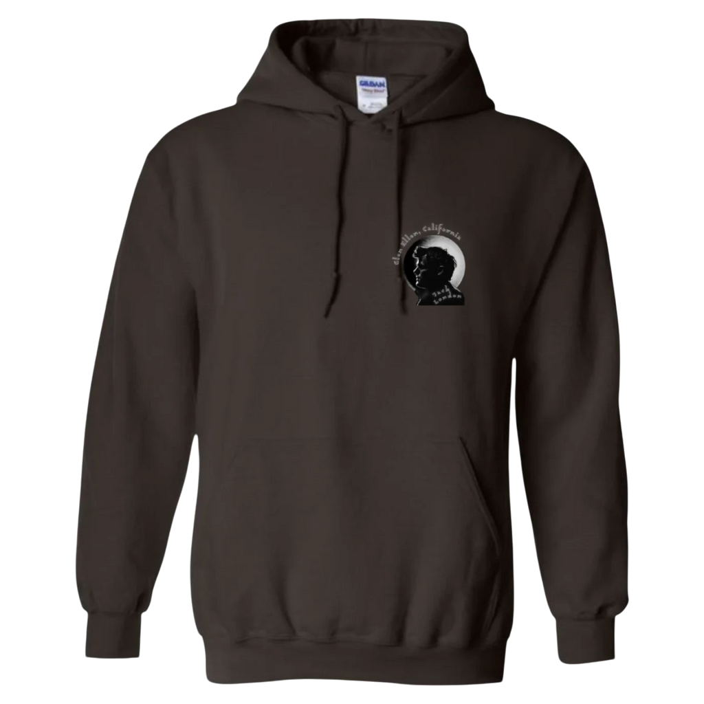 Sonoma Rebel dark brown cotton blend hoodie with a small graphic print of Jack London's profile and "Glen Ellen, California" text on the left chest.