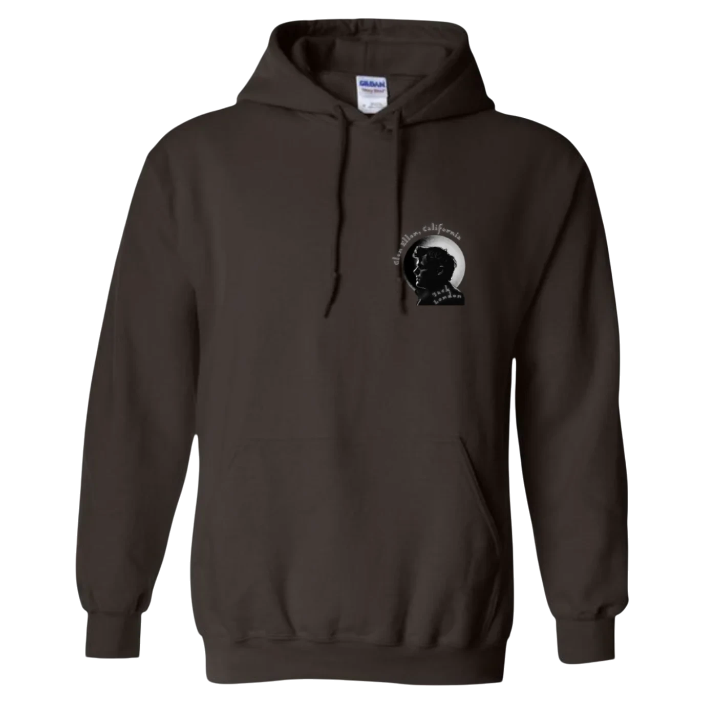 Sonoma Rebel dark brown cotton blend hoodie with a small graphic print of Jack London's profile and "Glen Ellen, California" text on the left chest.