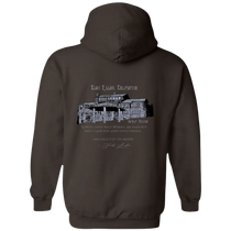 Sonoma Rebel men's brown cotton blend hoodie with Wolf House graphic and quote from Jack London.