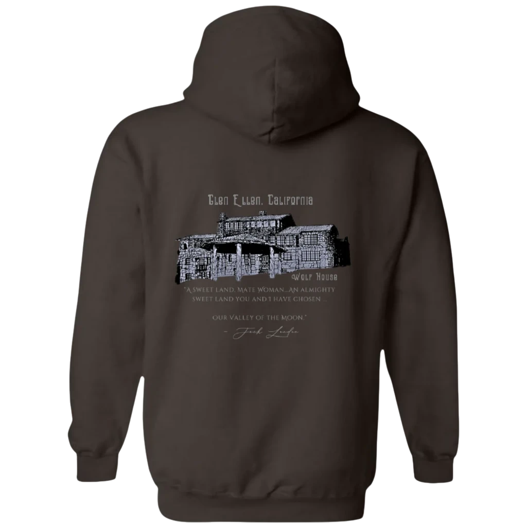 Sonoma Rebel men's brown cotton blend hoodie with Wolf House graphic and quote from Jack London.