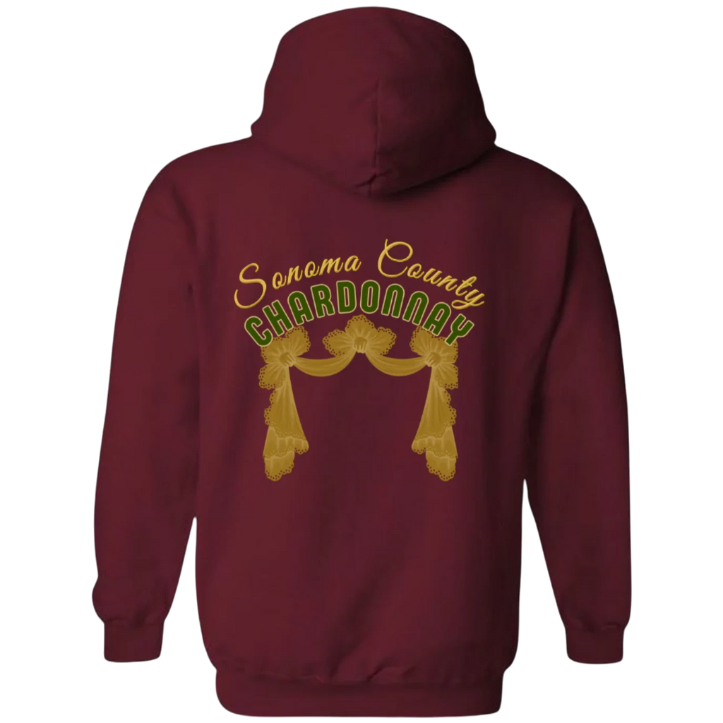 Sonoma Rebel burgundy hoodie with "Sonoma County Chardonnay" text and gold curtain graphic on back.