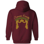 Sonoma Rebel burgundy hoodie with "Sonoma County Chardonnay" text and gold curtain graphic on back.