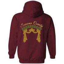 Sonoma Rebel burgundy hoodie with "Sonoma County Chardonnay" text and gold curtain graphic on back.