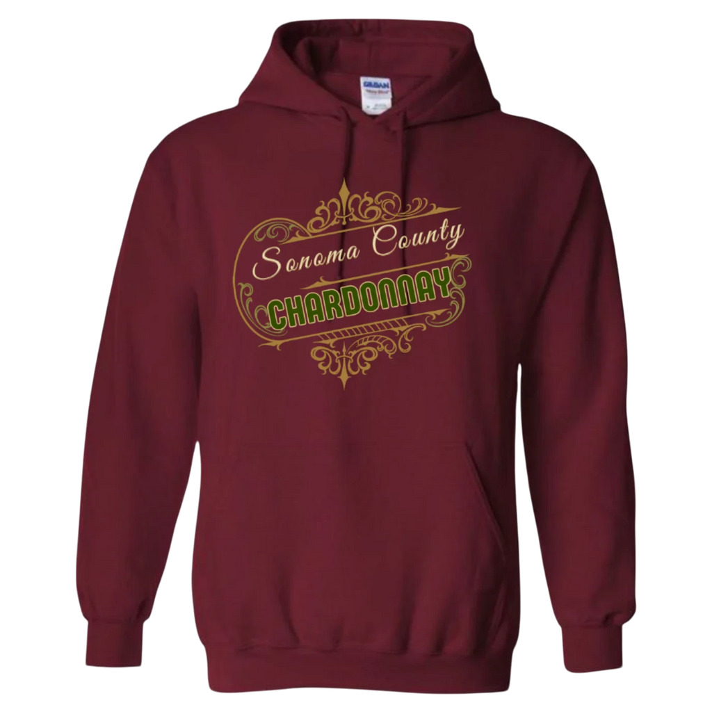 Sonoma Rebel burgundy cotton-blend hoodie with "Sonoma County Chardonnay" graphic print in gold and green.