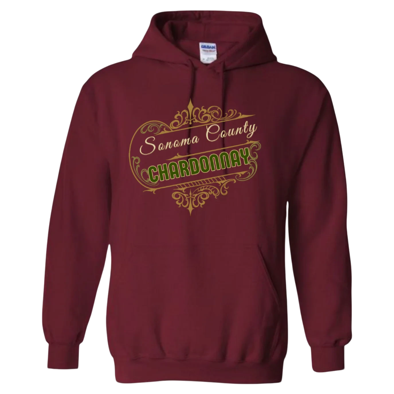 Sonoma Rebel burgundy cotton-blend hoodie with "Sonoma County Chardonnay" graphic print in gold and green.