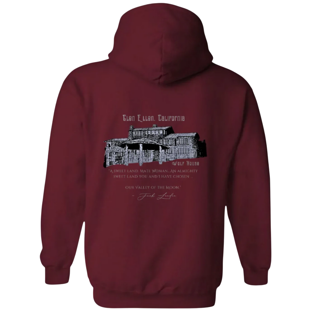 Sonoma Rebel men's burgundy midweight fleece hoodie with graphic print of Wolf House, Glen Ellen, California.