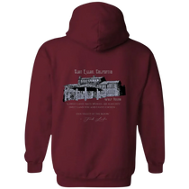 Sonoma Rebel men's burgundy midweight fleece hoodie with graphic print of Wolf House, Glen Ellen, California.