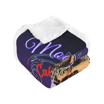 Sonoma Rebel Moon Mountain Cabernet pinup fleece blanket with plush sherpa lining. Features neon-style text and vintage pinup graphic.