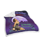 Sonoma Rebel Moon Mountain Cabernet Sauvignon vintage pinup fleece blanket with sherpa lining. Features a pinup girl, wine bottle, and moon.