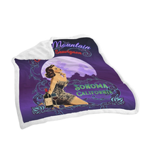Sonoma Rebel Moon Mountain Cabernet Sauvignon vintage pinup fleece blanket with sherpa lining. Features a pinup girl, wine bottle, and moon.