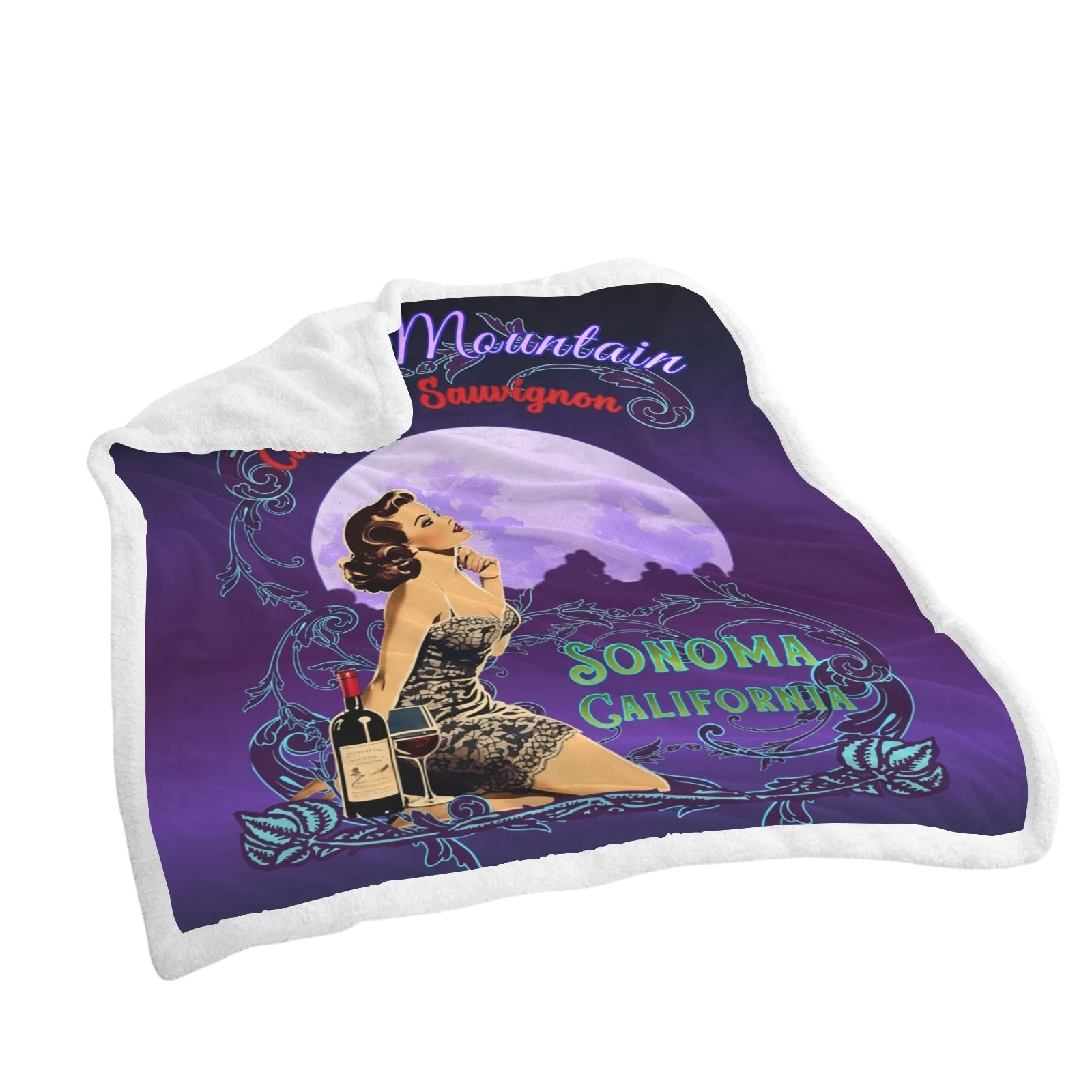 Sonoma Rebel Moon Mountain Cabernet Sauvignon vintage pinup fleece blanket with sherpa lining. Features a pinup girl, wine bottle, and moon.
