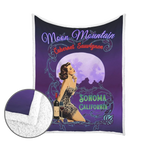 Sonoma Rebel Moon Mountain Cabernet Sauvignon pinup fleece blanket with sherpa lining, featuring a vintage style woman, wine bottle, and moon.