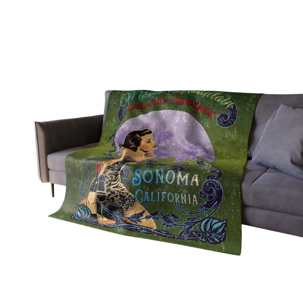 Sonoma Rebel Cabernet Crushed Velvet Blanket with vintage pinup, moon, and vineyards. 50"x60" polyester throw.